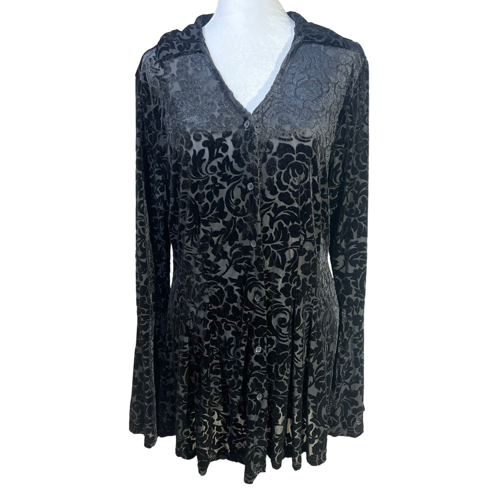 Ultra Pink Top Womens M Black Velvet Burnout Damask Bell Sleeve Witchy Goth